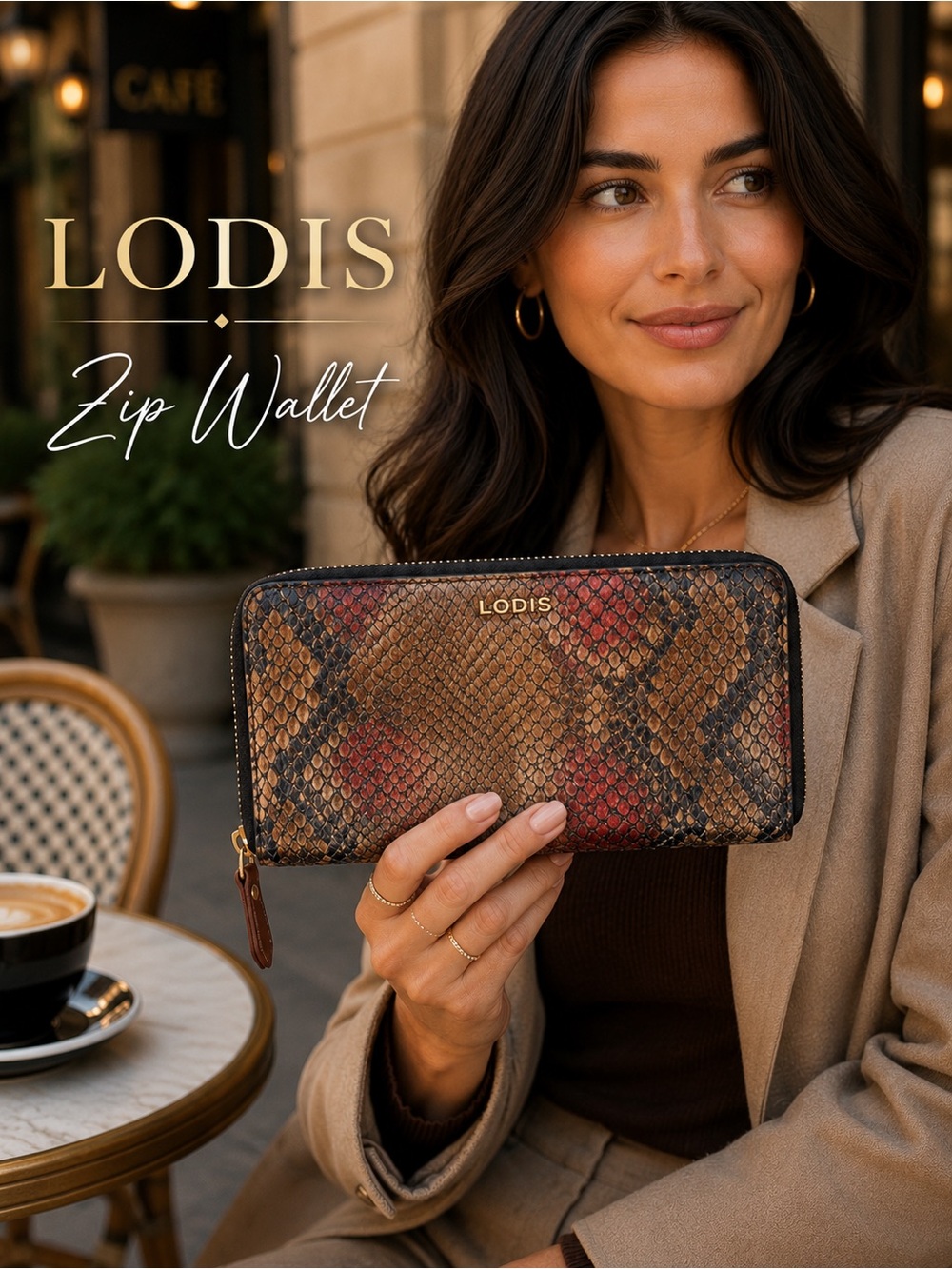 Lodis Embossed Snake Print Zip Around Wallet Brown Rust
